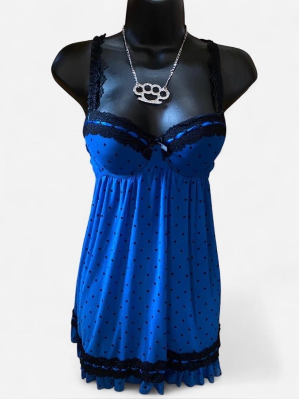 Y2k Blue & Black Polka Dot Babydoll with Lace Trim & Tie Back
